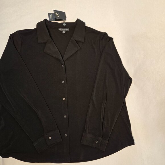 ADRIANNA PAPELL Solid Knit Long Sleeve Wing Full Button Black Shirt Size XXL NEW - Picture 3 of 16